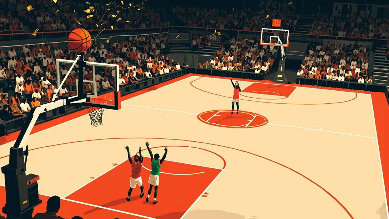 Viewed from the upper stands of an indoor arena, two tiny silhouettes celebrate under a raised hoop as a basketball hangs near the rim and confetti falls onto the court.