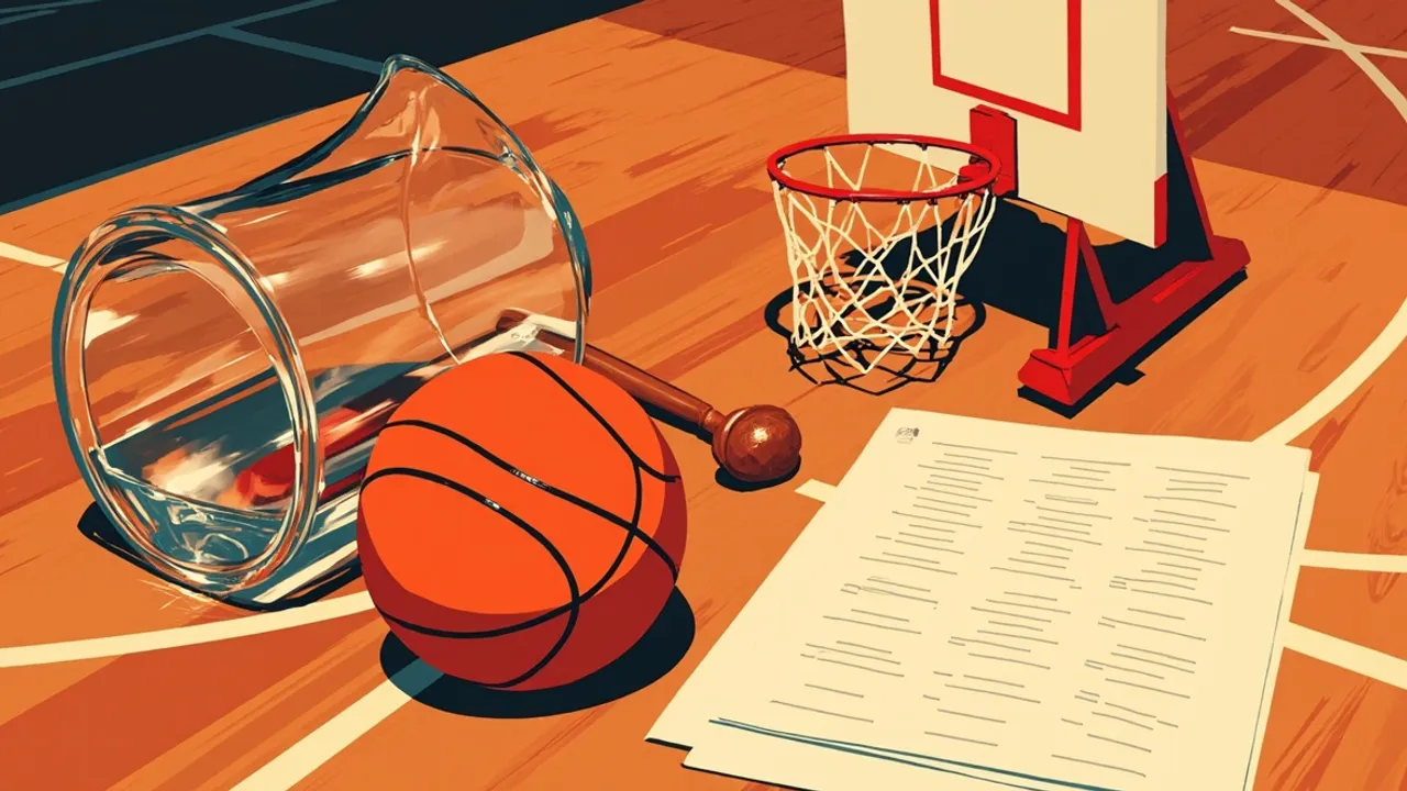 An empty court still life: a basketball, gavel and ballot papers sit on a scorer's table beside a small hoop, suggesting a disputed federation election.