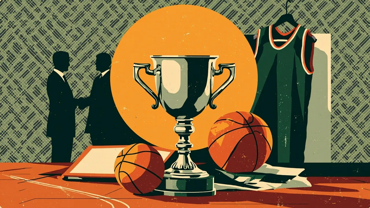 Stylised West African landscape at dusk with a basketball court set in savanna, a rising orange ball near the sun, and three silhouetted figures at a hoop.
