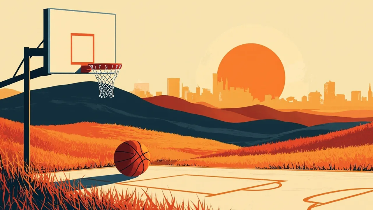 Savanna meets city skyline at dusk, with a basketball court carved into the landscape and a single orange ball glowing behind a tall hoop.