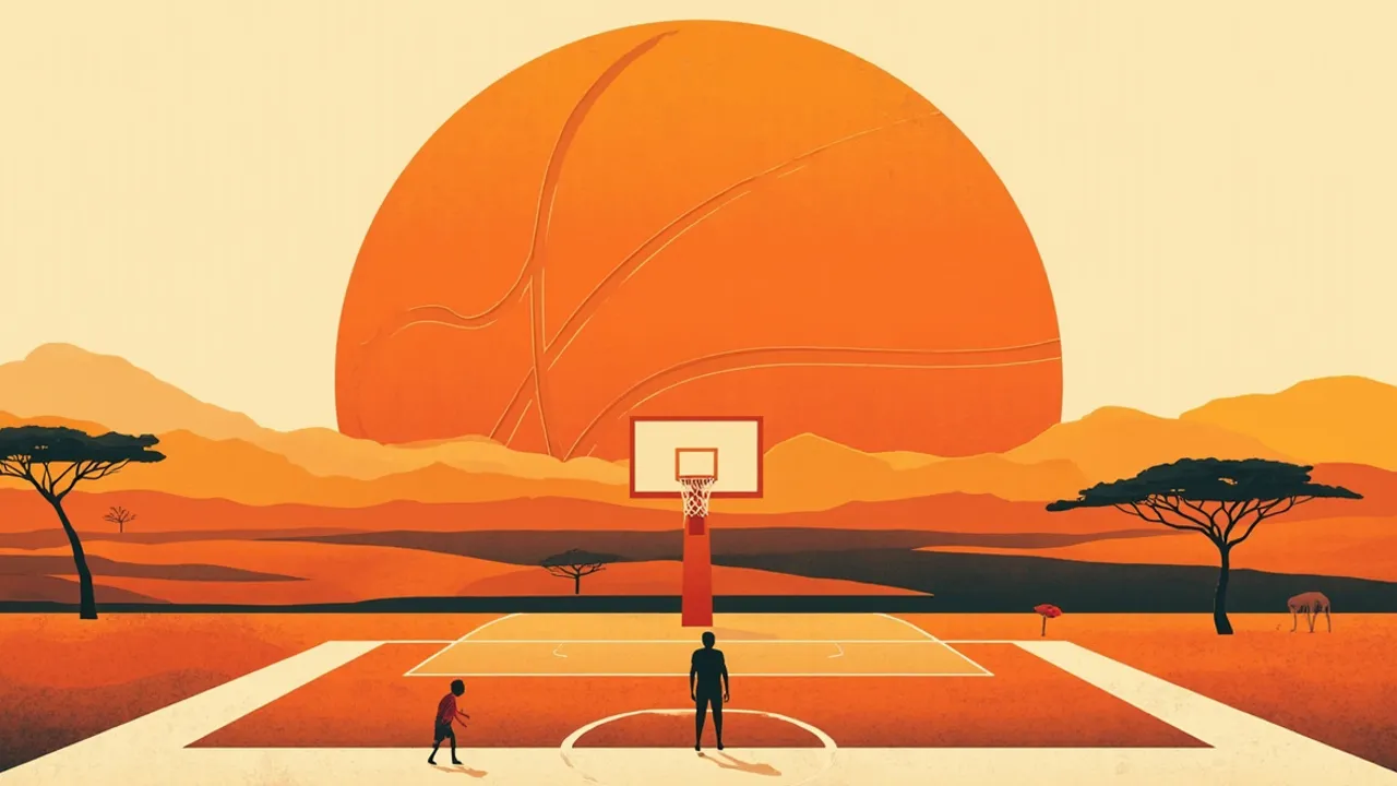 Savanna dawn with a basketball rising like the sun over a new outdoor court, two faceless figures beside a scorer's table holding a gavel and paper.
