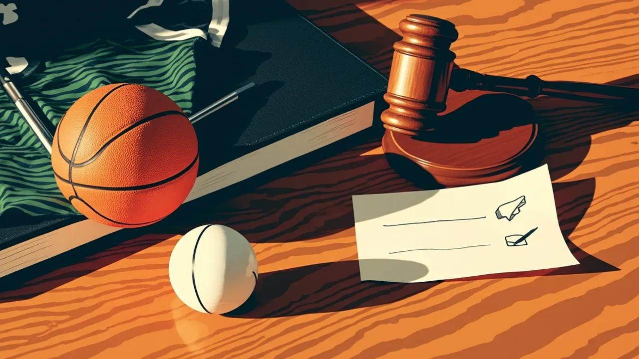 Empty indoor basketball court seen from beneath the hoop, a single ball resting near the free-throw line and a gavel on the scorer's table, symbolising a federation election.