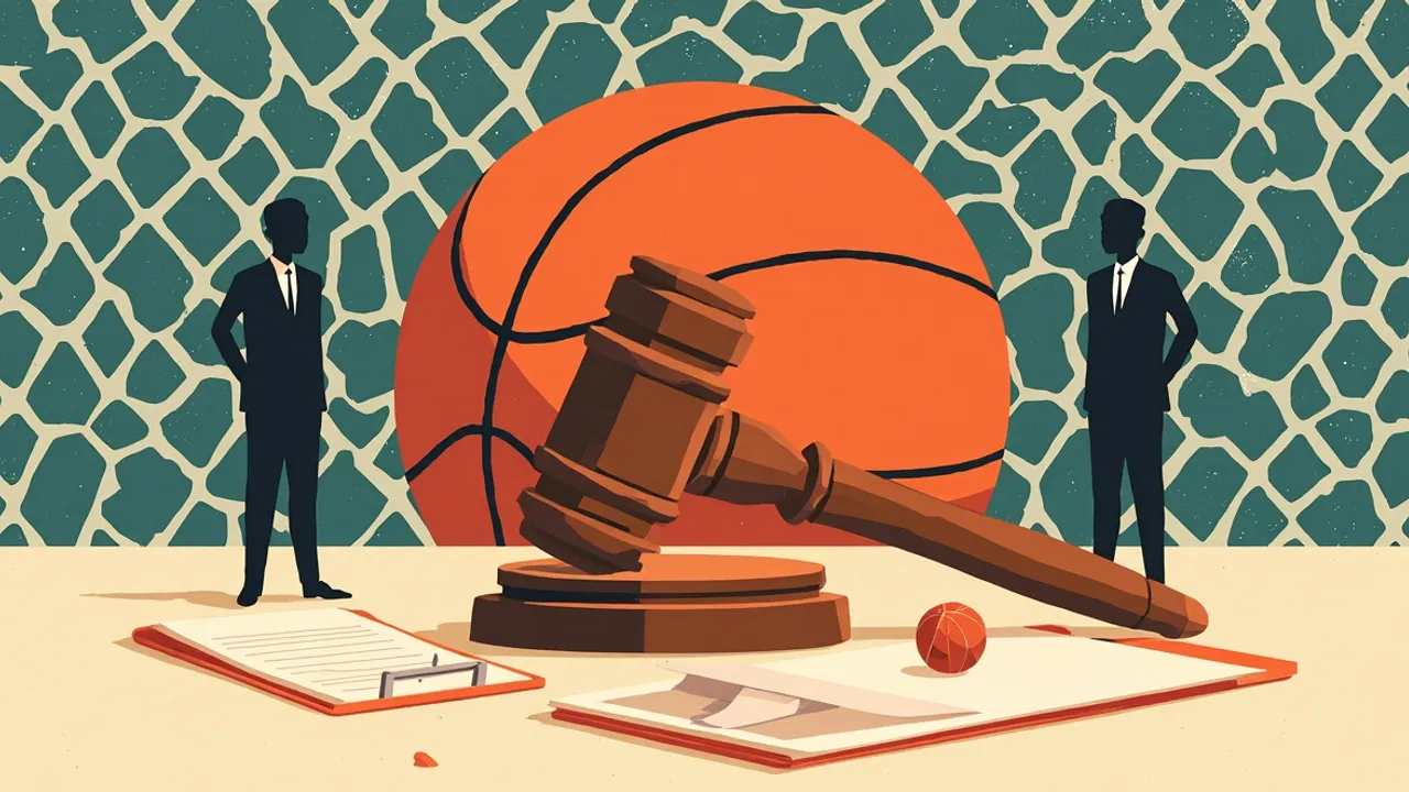 Un marteau central sur une table de marque entre deux silhouettes sans visage, un ballon de basketball et un presse-papiers, sur un fond à motifs géométriques ouest-africains.