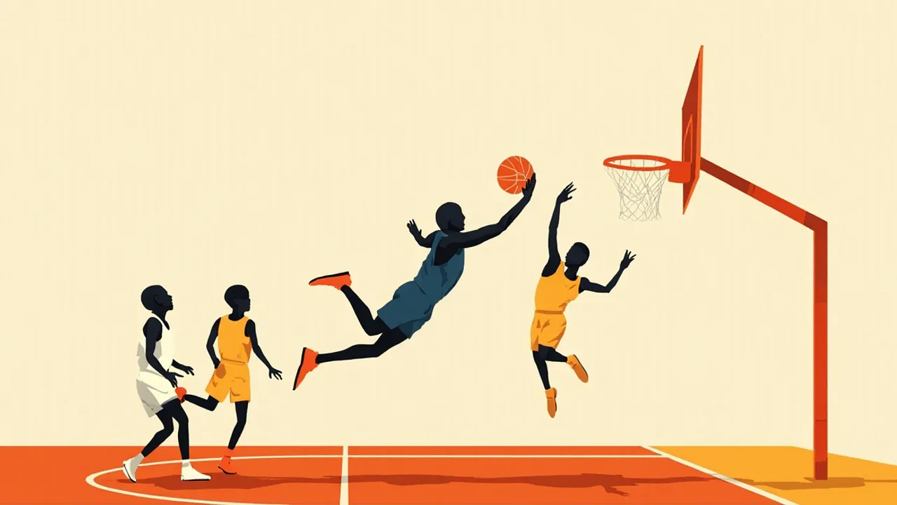 Viumbili visivyofichika uso vinapigana chini ya pete katika uwanja wa ndani ulio na mistari, mmoja akijirusha kwa layup wakati mpira wa kikapu wa rangi ya machungwa umesimama kati ya mikono yao.