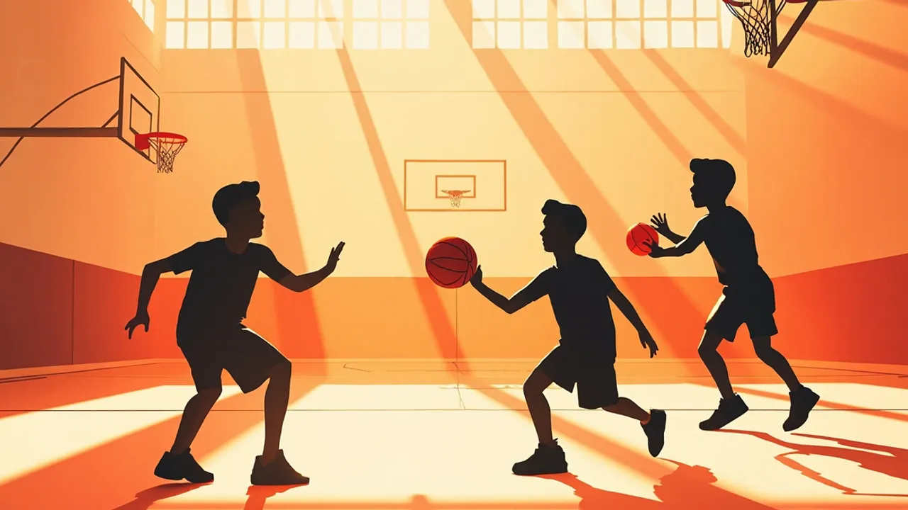 Three faceless young players run a basketball drill on an indoor court with a single orange ball, backboard and net, captured in a tight 16:9 action frame.