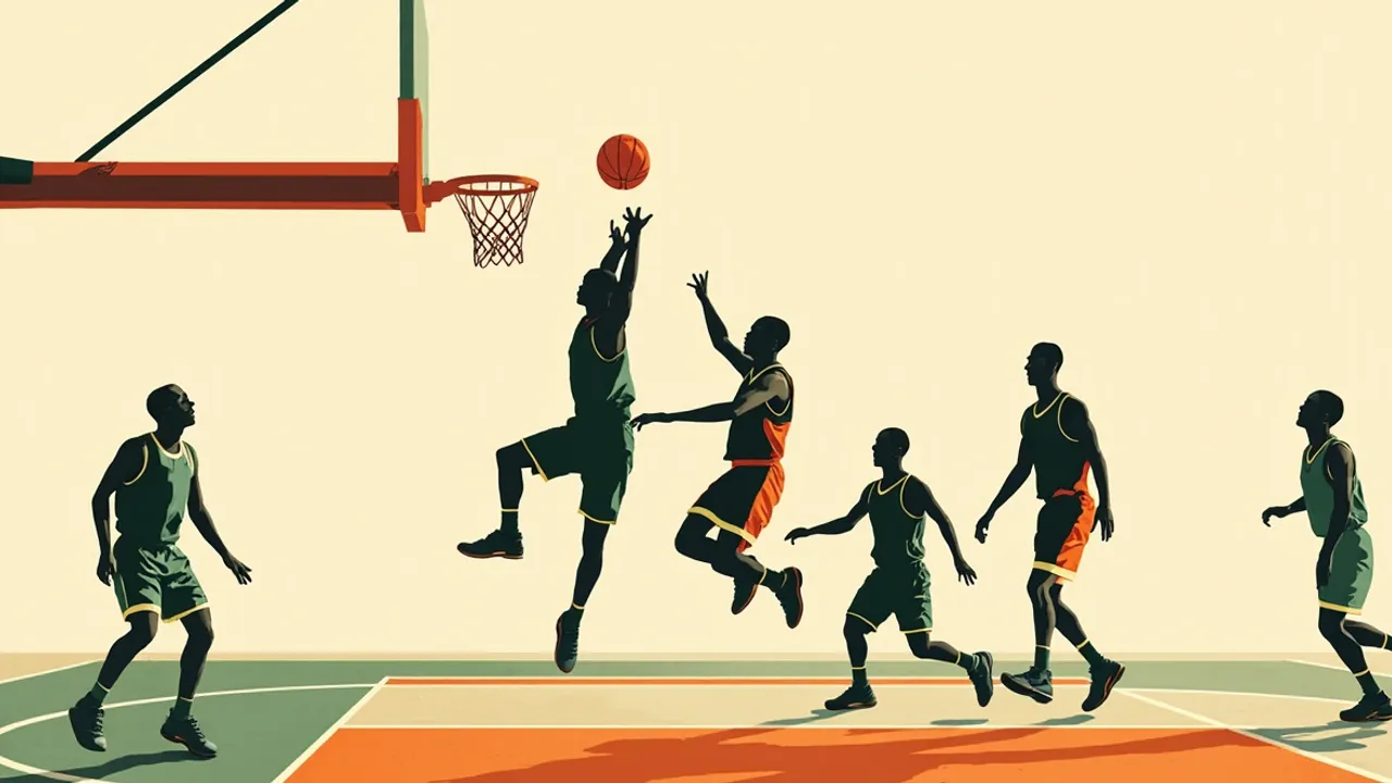 A faceless national team jersey in green and white hangs on a wooden hanger from a basketball hoop inside an arena, with two silhouettes standing before it and one ball on the court.