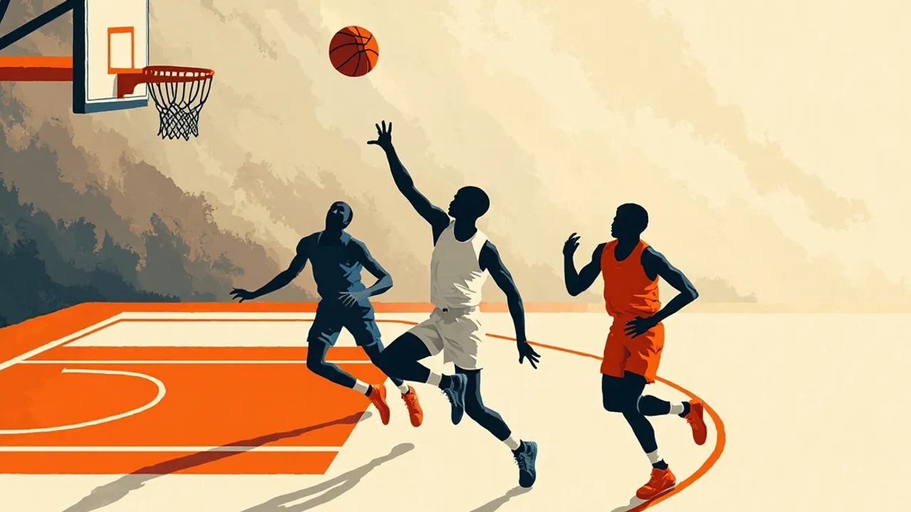 Trois joueurs de basketball sans visage courent sur un parquet éclairé tandis que l'un d'eux s'élève pour un finish à une main près du panier.