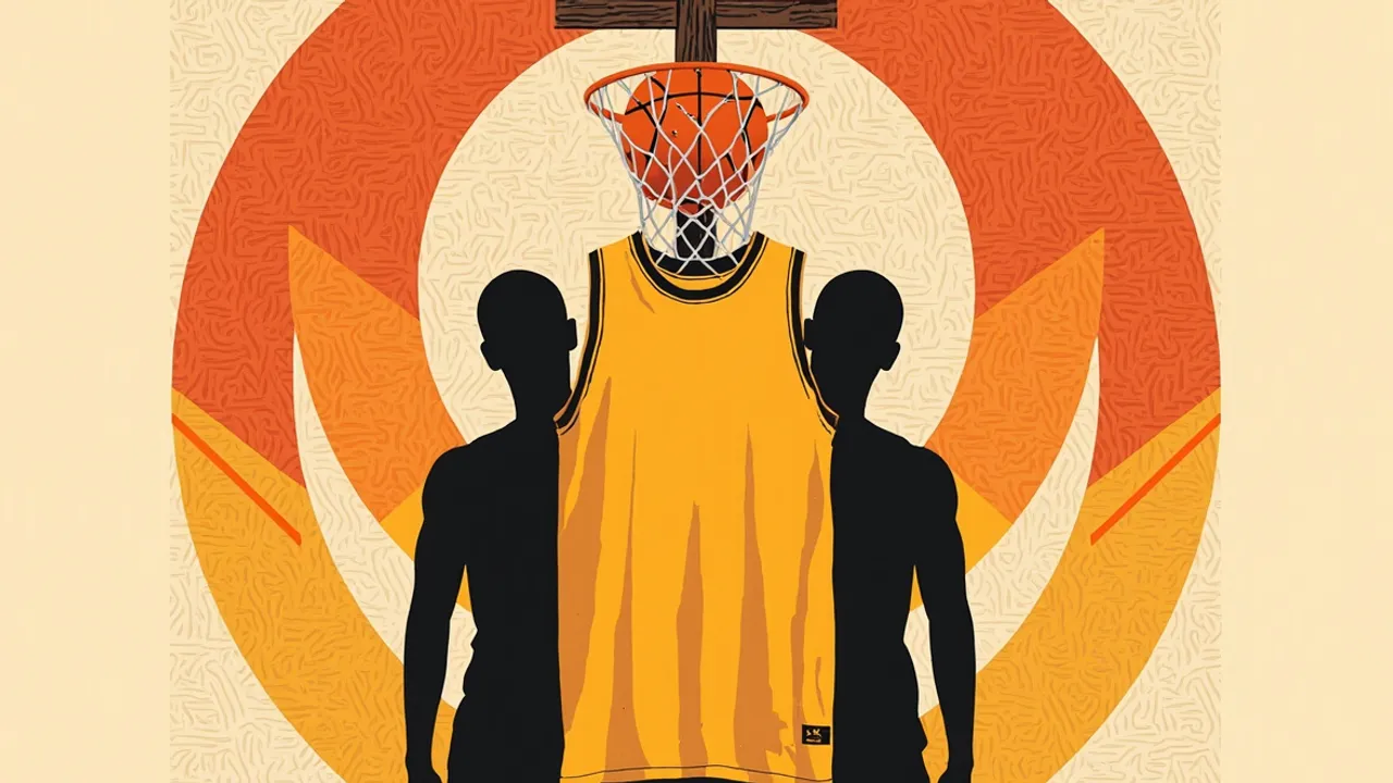 A central unnumbered jersey and hoop motif, backed by three faceless silhouettes in a patterned composition.