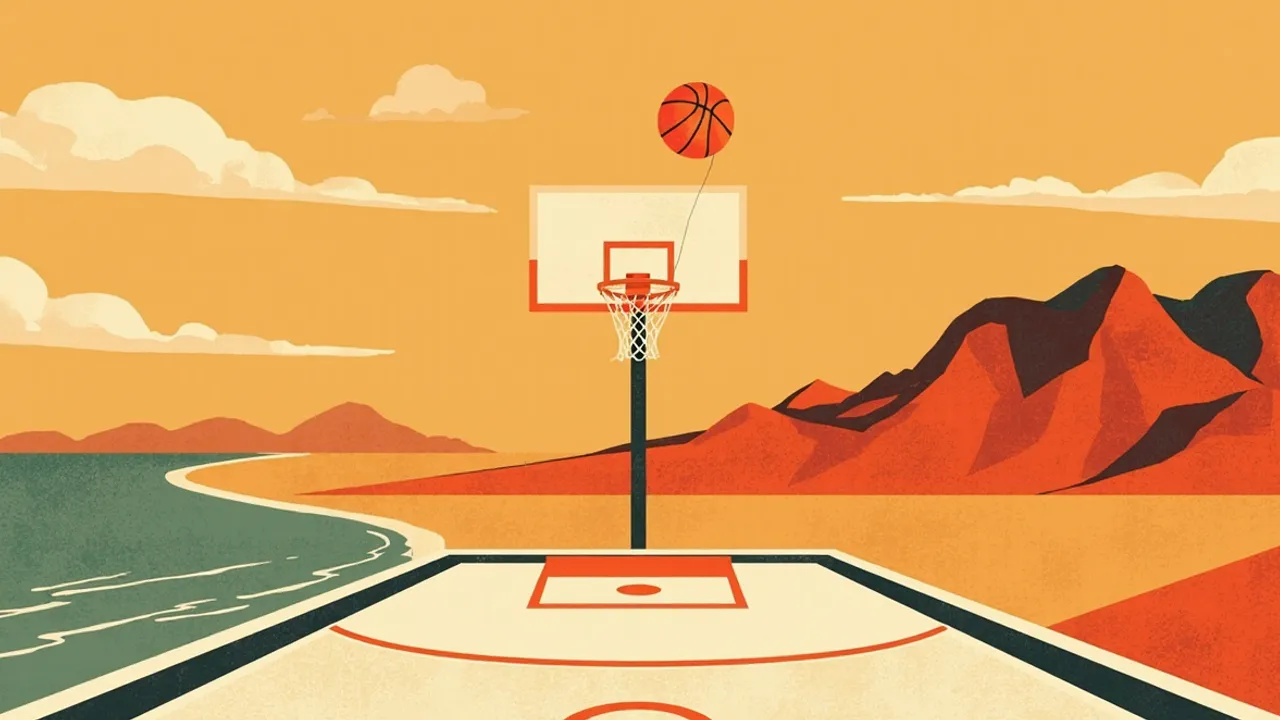 A stylised African landscape at dusk with savanna, coast and desert, and a basketball court and rising ball set into the terrain.