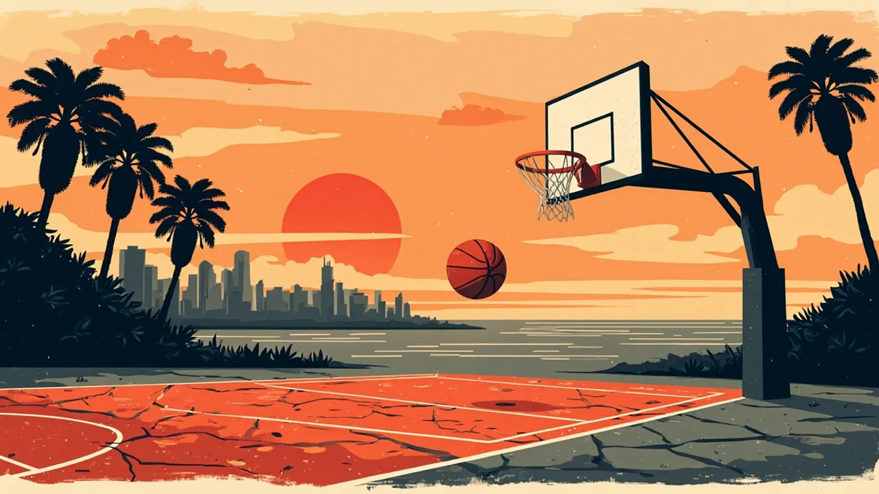 A coastal West-Central African skyline at dusk with a half basketball court in the foreground and a single orange ball rising above the hoop like a setting sun.