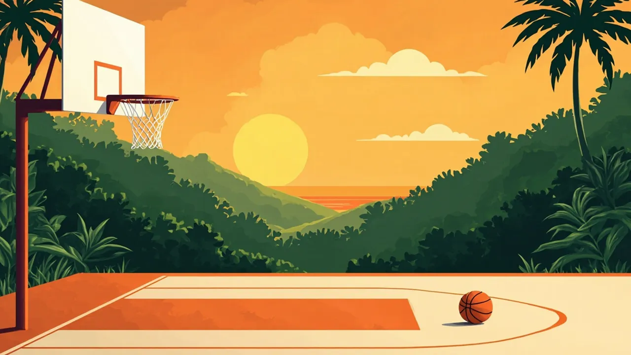 A stylised Central African coastal landscape where a basketball court sits in a jungle clearing, with a single hoop, net, and orange ball under a glowing sunset sky.