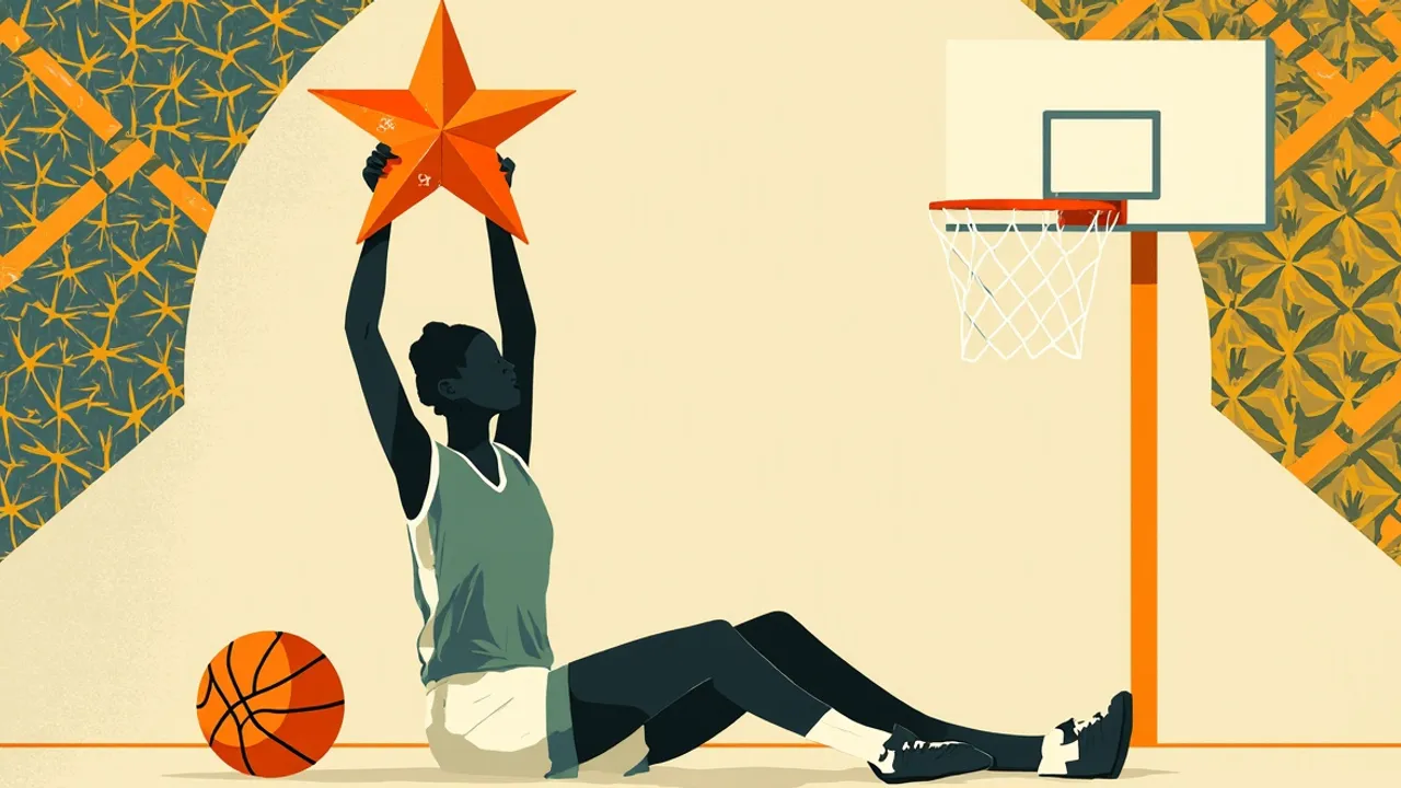 A silhouette of a female player lifts a large star trophy under a basketball hoop, a single ball on the floor, against a patterned gold, green and cream background.