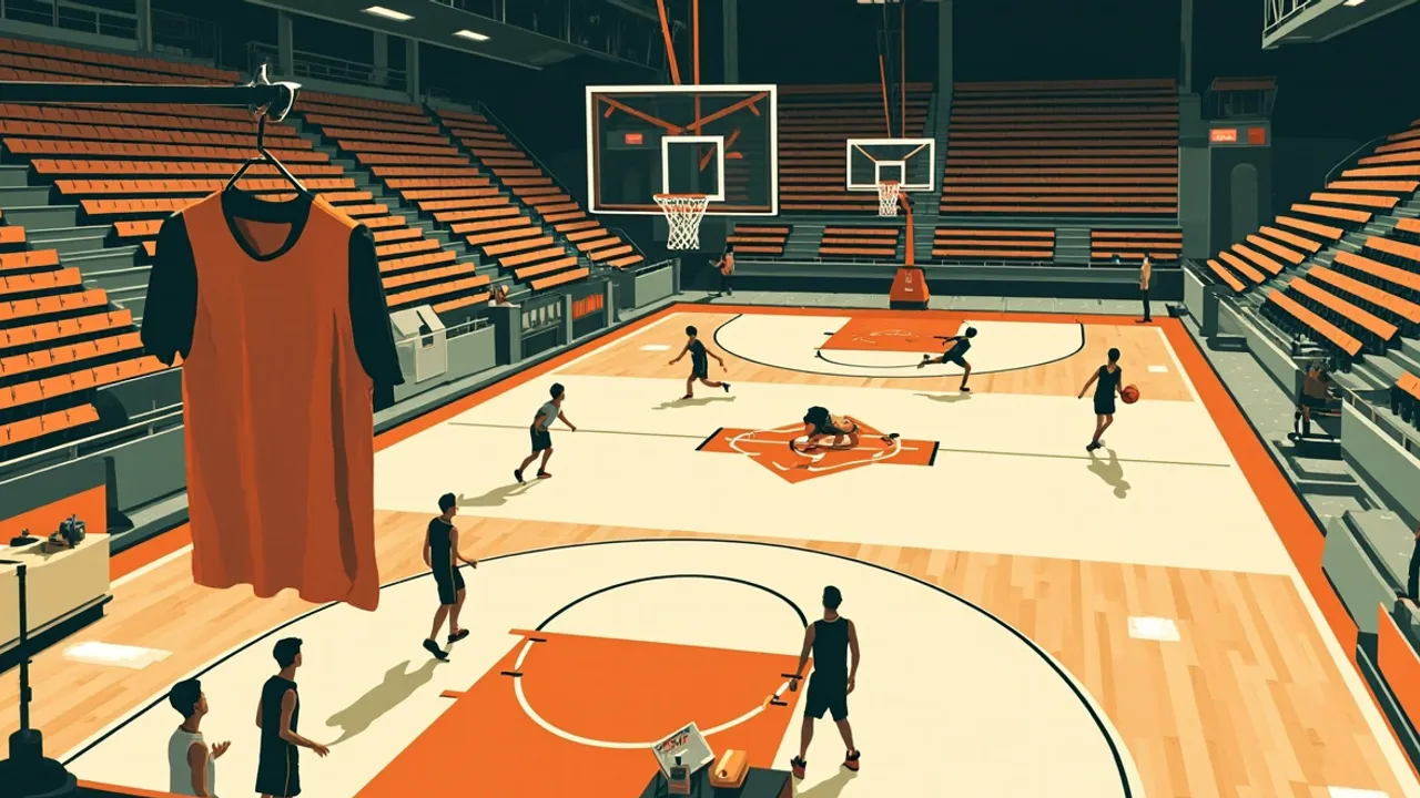 Indoor community basketball court seen from behind the baseline, ball in mid-air near the hoop, faceless players along the sideline, graduation cap and envelopes on the scorer's table.