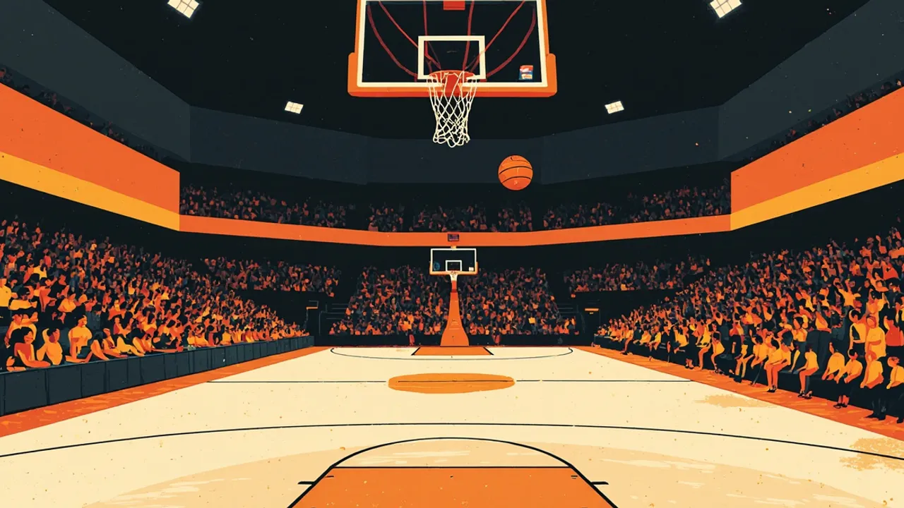 Une salle intérieure bondée, vue depuis dessous un panier, avec un ballon de basket au-dessus du terrain et une foule dense qui regarde.