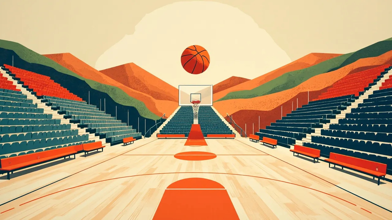 Un paysage de salle stylisée où des tribunes remplies entourent un parquet en bois et un ballon de basket unique s'élève immense au-dessus du panier central.