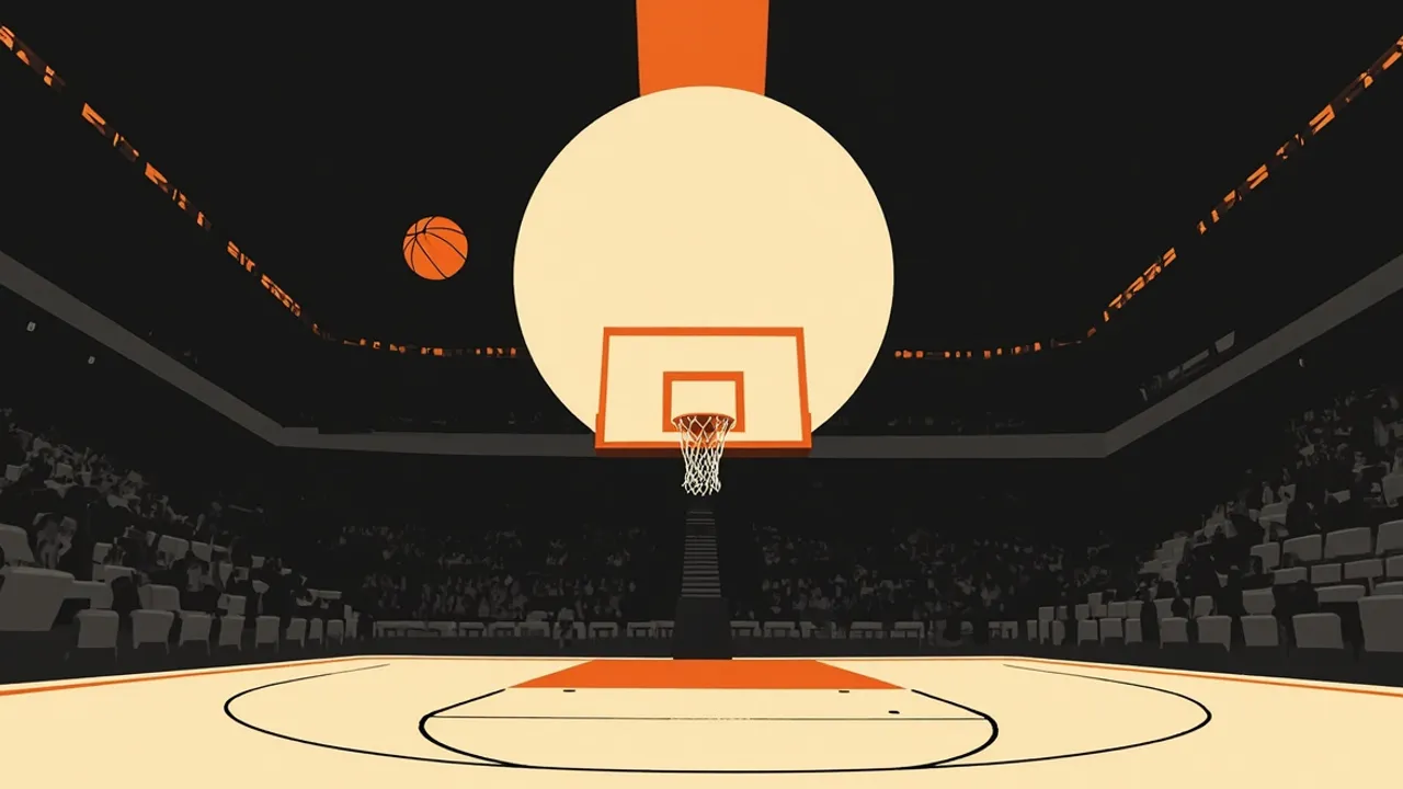 Une silhouette sans visage brandit un trophée d'or de champion dans une salle comble, avec un ballon de basket posé sur le parquet brillant sous un panier.