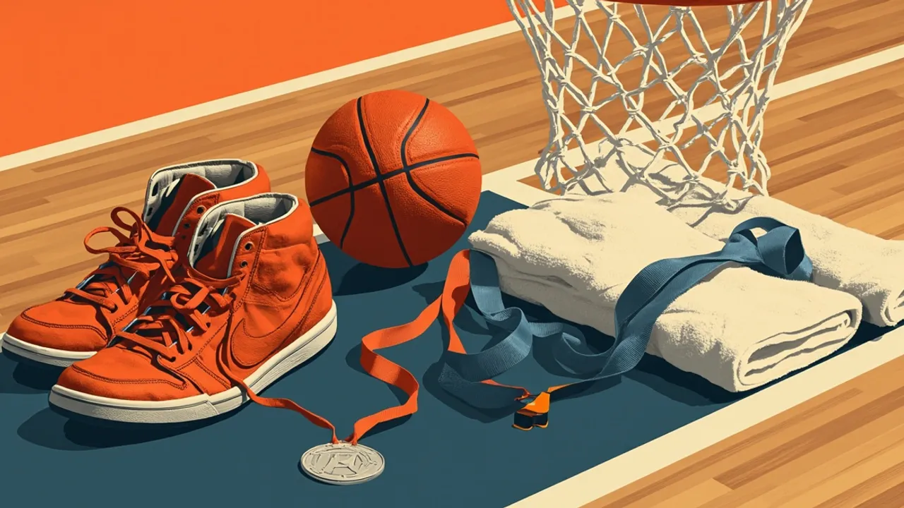 A basketball, sneakers, towel, medal, and whistle form a tight celebratory still life on a hardwood court.