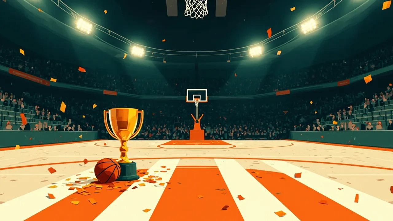 Une salle de basket indoor bondée vue depuis sous le panier, avec un trophée doré et un ballon de basket posé sur le terrain, ainsi qu'une silhouette sans visage célébrant une victoire.