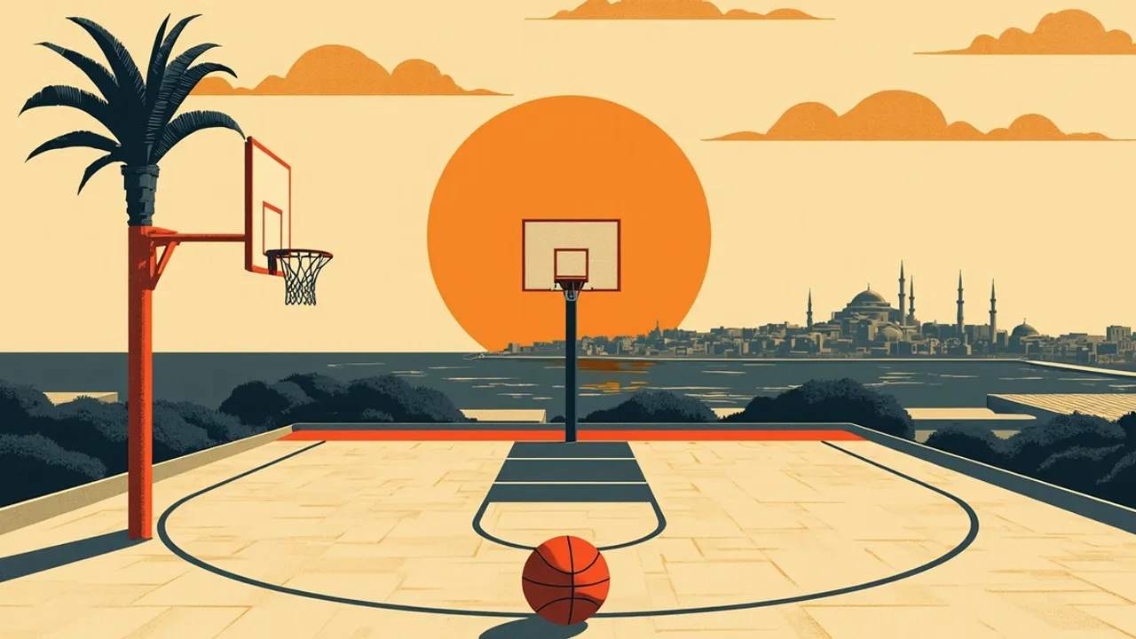 Panorama stylisé d'une ville méditerranéenne au crépuscule en arrière-plan d'un terrain de basket en plein air, avec un ballon posé près de la ligne des lancers francs et un panier se dressant comme un soleil.