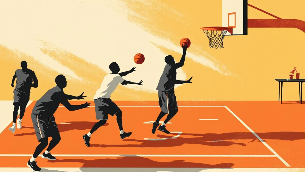 Illustration plate d'un terrain de basket où une joueuse sans visage, agenouillée, serre un ballon sous la pression défensive, avec un marteau de juge posé sur la table du marqueur, évoquant une résolution juridique sur le terrain.