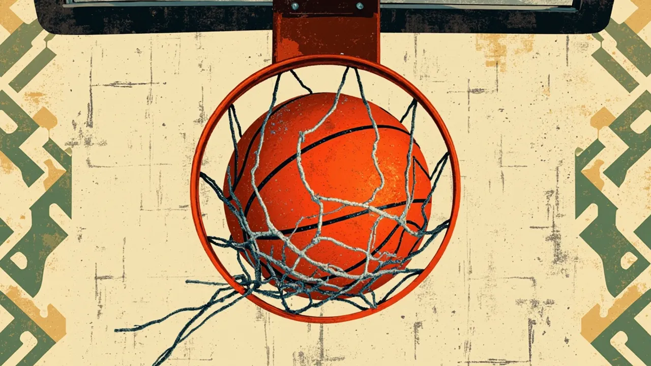 Un ballon de basket usé posé dans un panier sur un fond textile géométrique vert, blanc et or, évoquant une joueuse clé qui s’éloigne d’une équipe dominante.