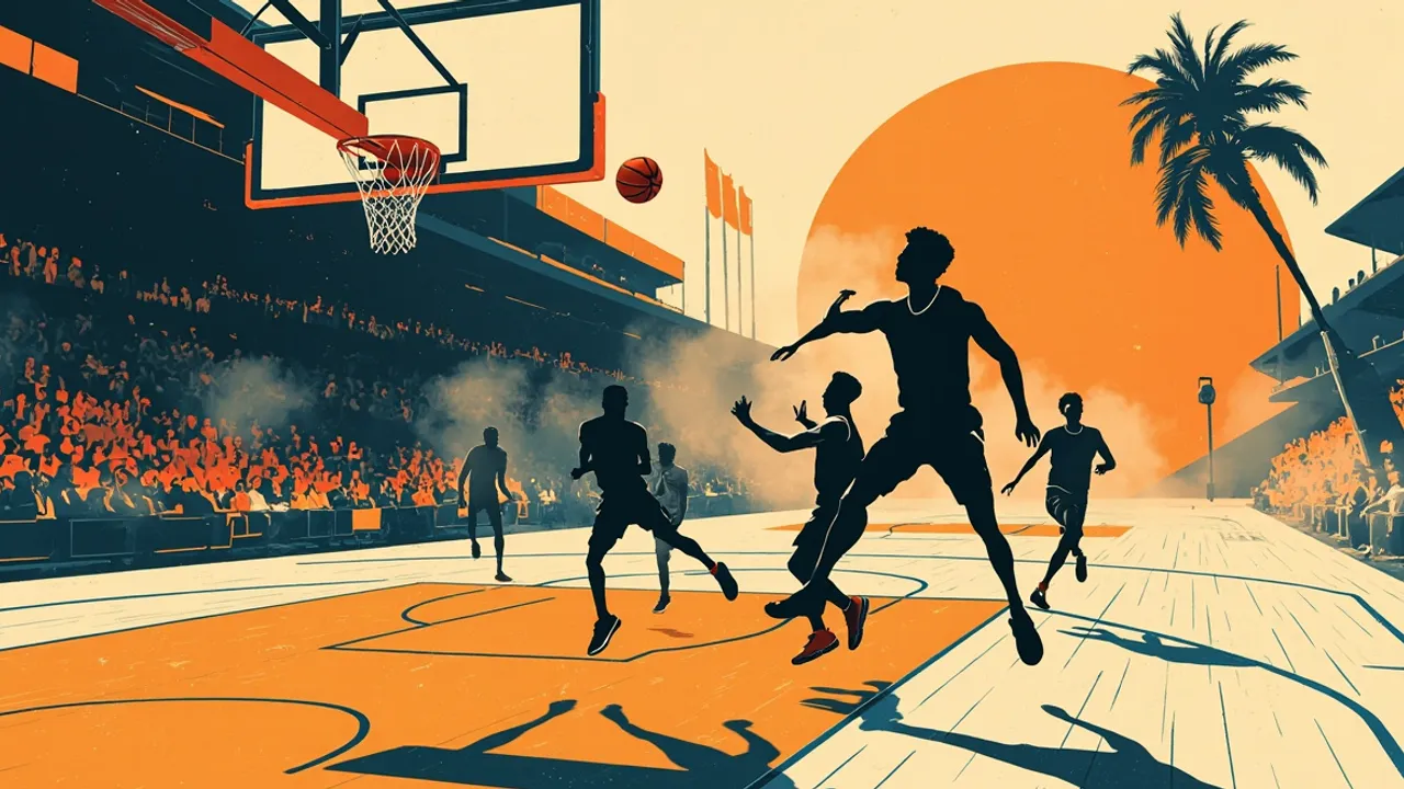 Two faceless silhouettes contest a basketball mid-air at the rim, with two more battling on the painted court below, a packed arena crowd behind them.