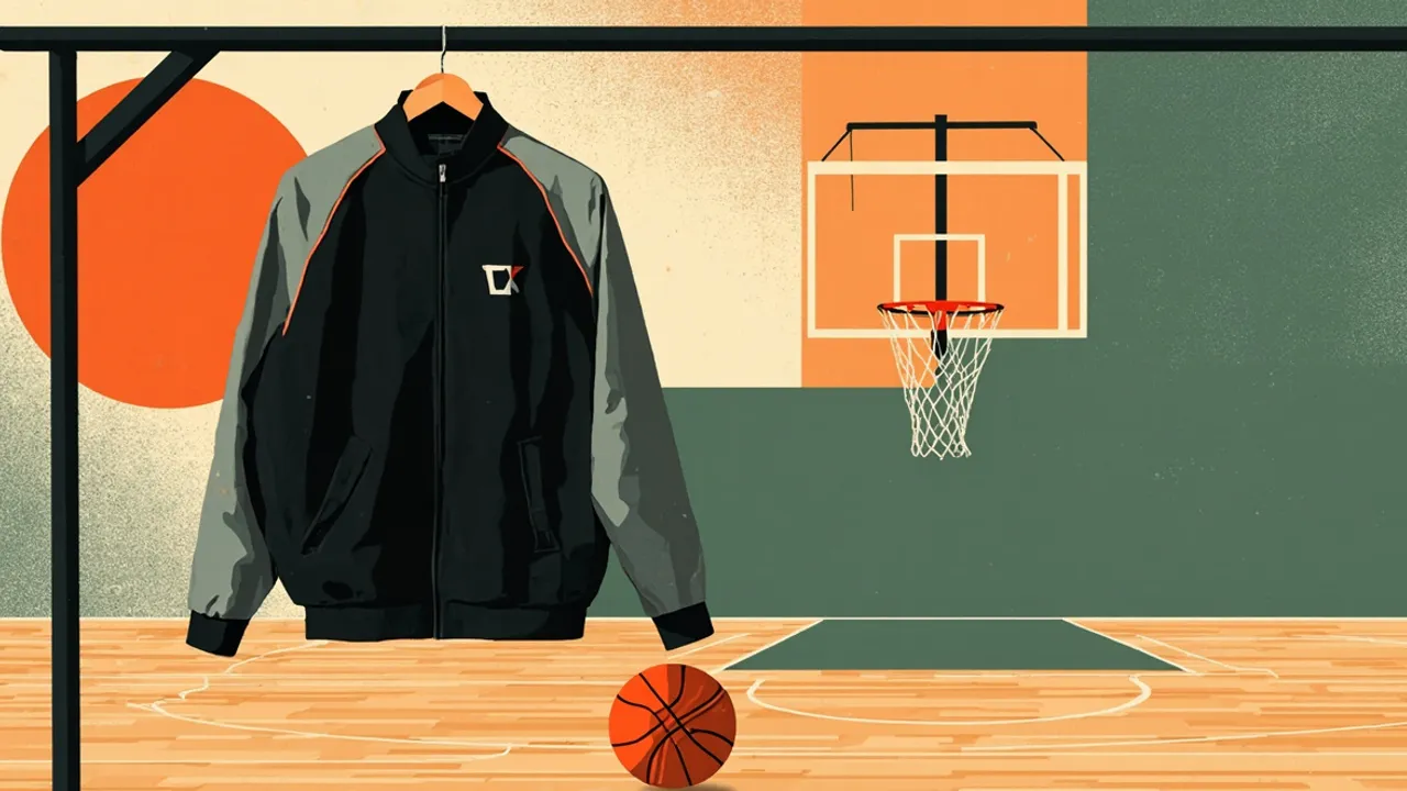 A flat-style basketball hoop with a whistle hanging from the rim and a single ball below it, set on a red, black, and white patterned background to signal a new head coach.