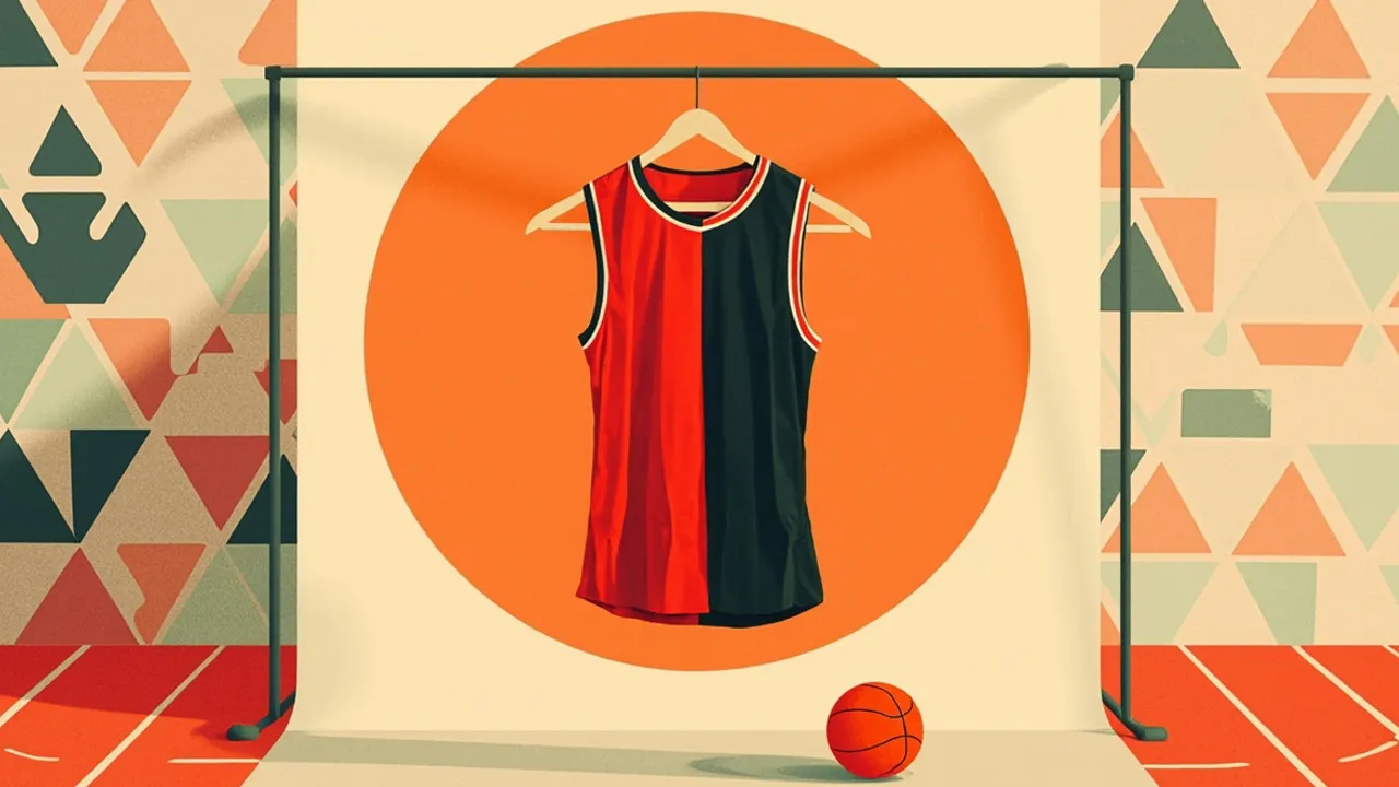 A red and black basketball jersey on a hanger beside a tall faceless silhouette, with a single ball on the floor against a red and amber triangle pattern.