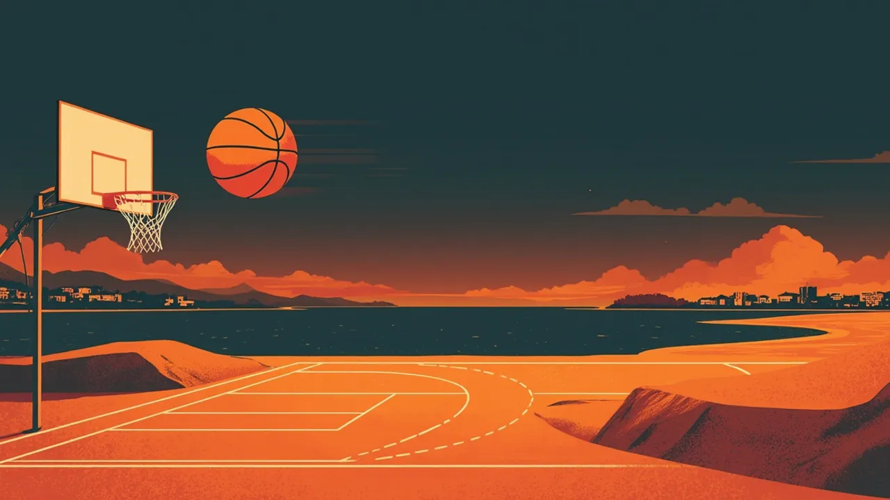 Graphic illustration of a basketball scene