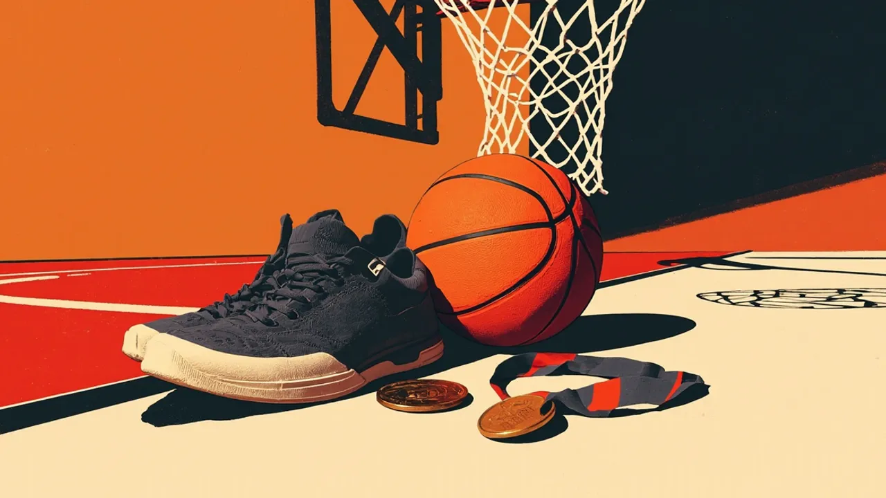Un ballon, des chaussures de sport et une médaille reposent sur un terrain de basketball sous un panier surélevé.