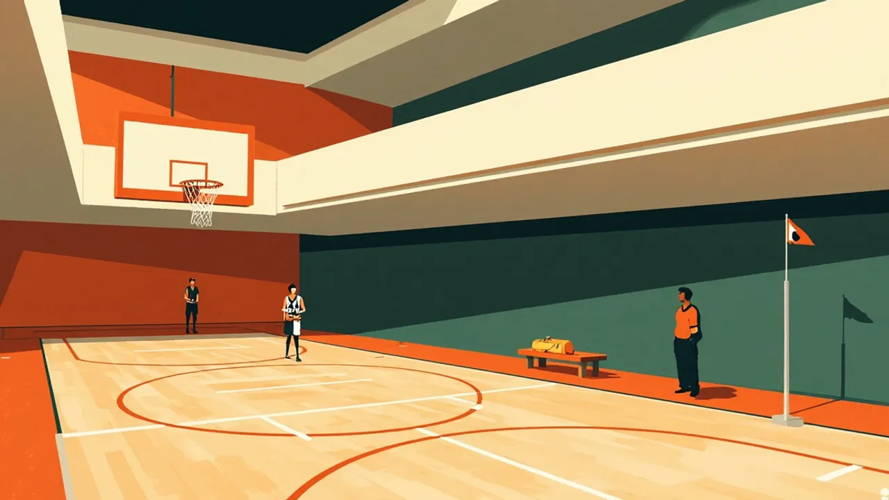 Scène intérieure d'une arène de basketball en contre-plongée, avec un panier et un filet au premier plan, des joueurs sans visage sur un parquet brillant, et une tenue pliée sur un banc.