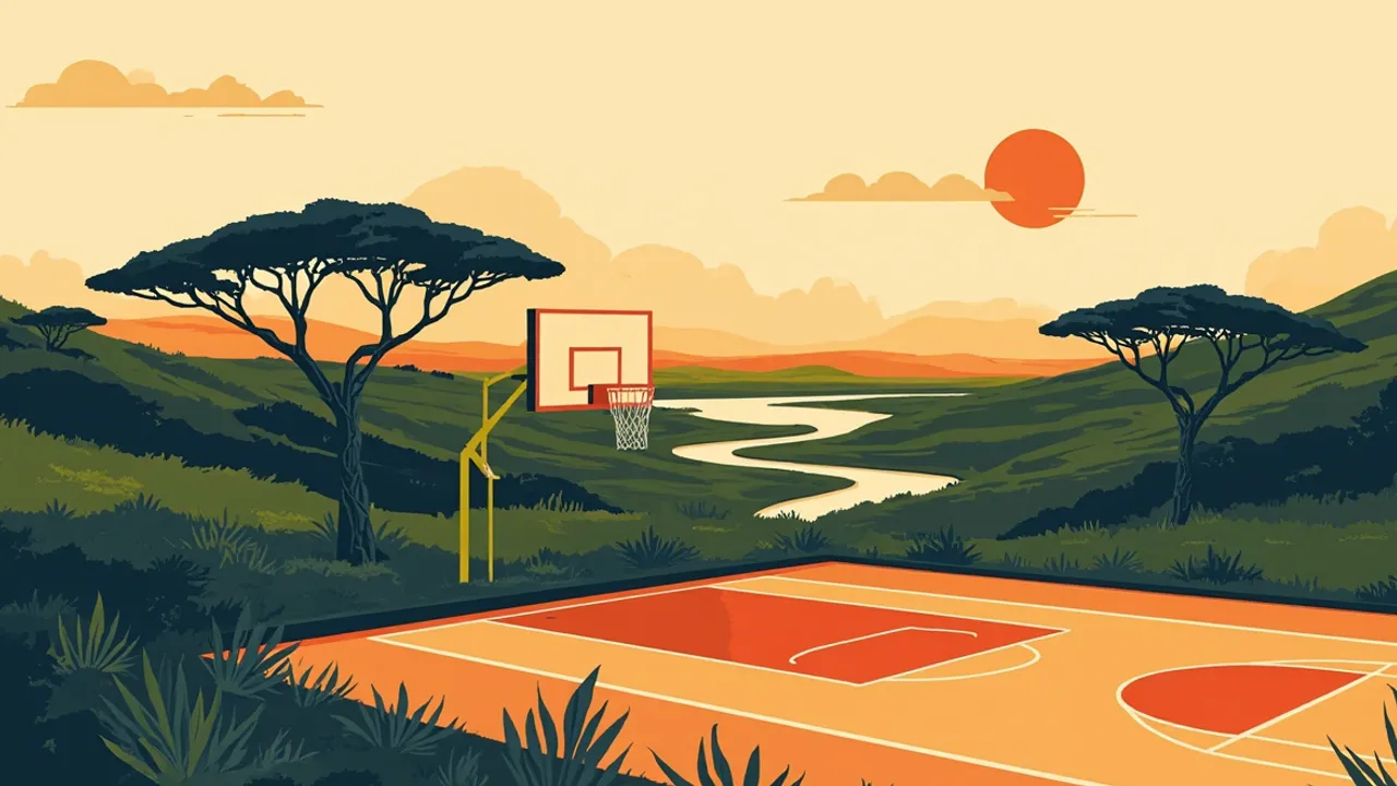 A stylised East African savanna landscape at dusk with a basketball rising like the sun over hills and a half-court with hoop set among acacia trees.