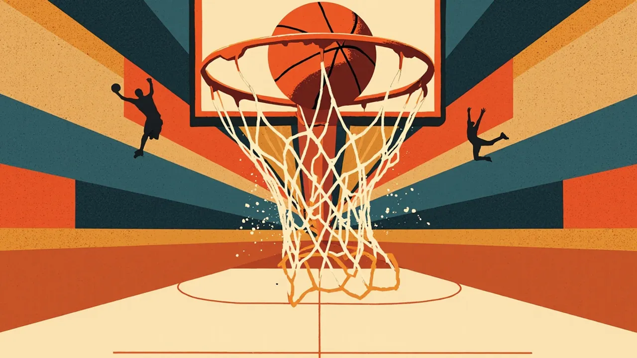 Orange basketball blast through white net, framed by patterned backdrop, as two faceless silhouettes celebrate record-setting overtime win.