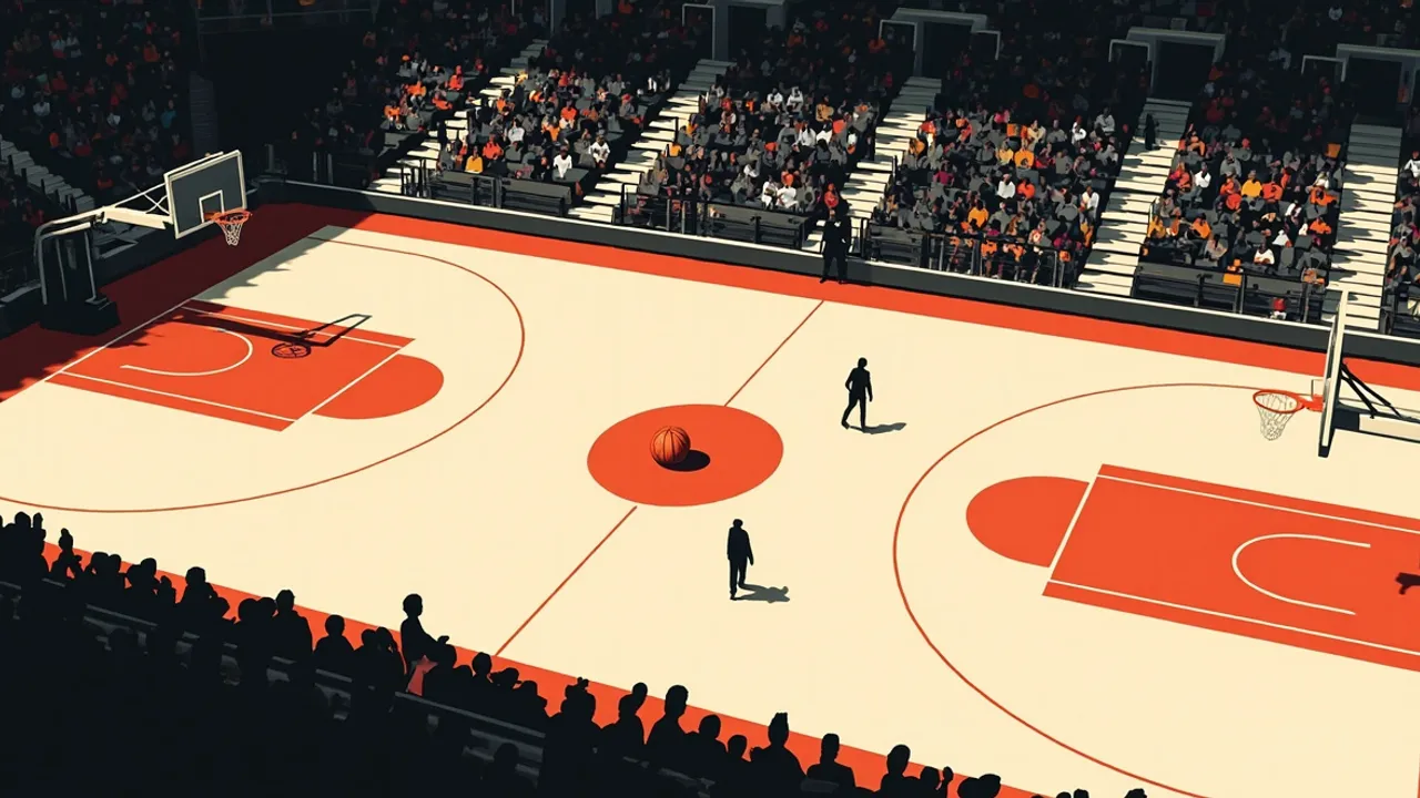 Vue aérienne d'une salle de basket-ball intérieure bondée avec un seul ballon au centre du terrain et des joueurs sans visage, signalant le dernier jour d'un tournoi de playoffs.