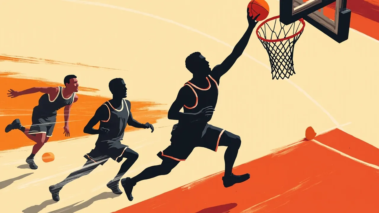 Silhouettes sans visage sur un terrain de basket : un joueur en tenue sombre dunk le ballon tandis que deux défenseurs en tenues claires sont à la traîne sur le parquet.
