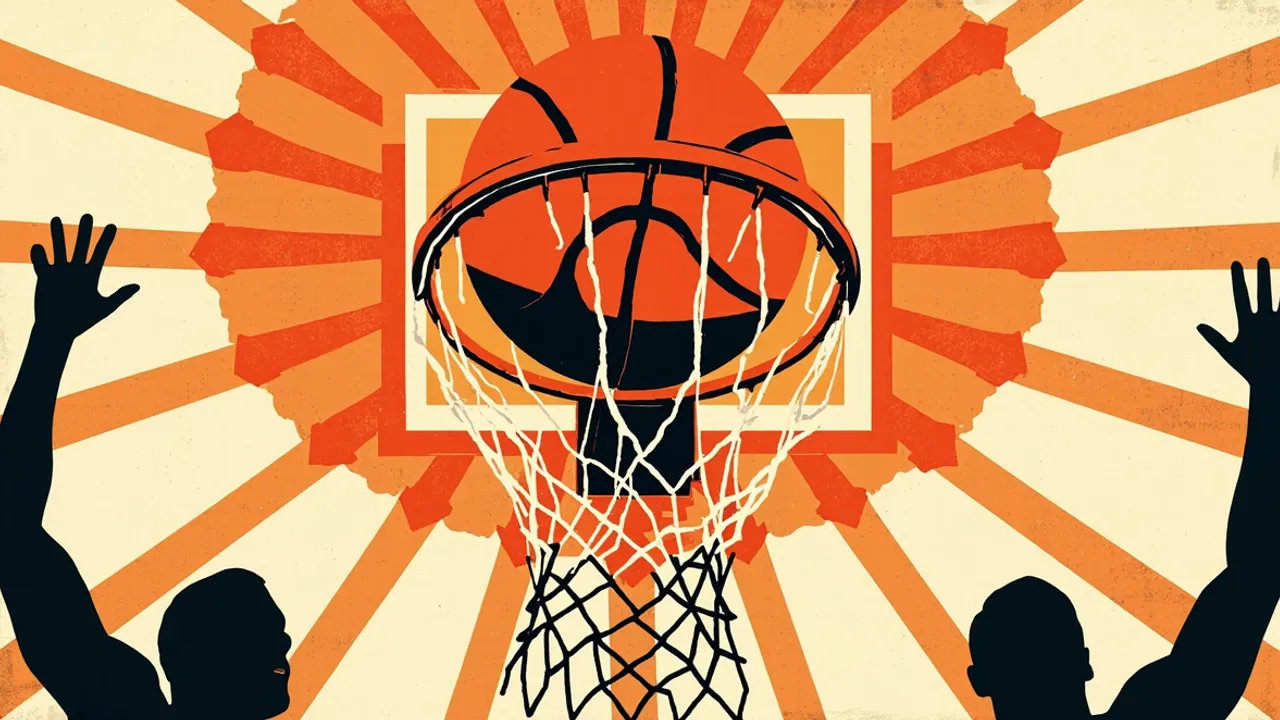 A basketball drops through a hoop between two celebrating silhouettes against a bold patterned backdrop.