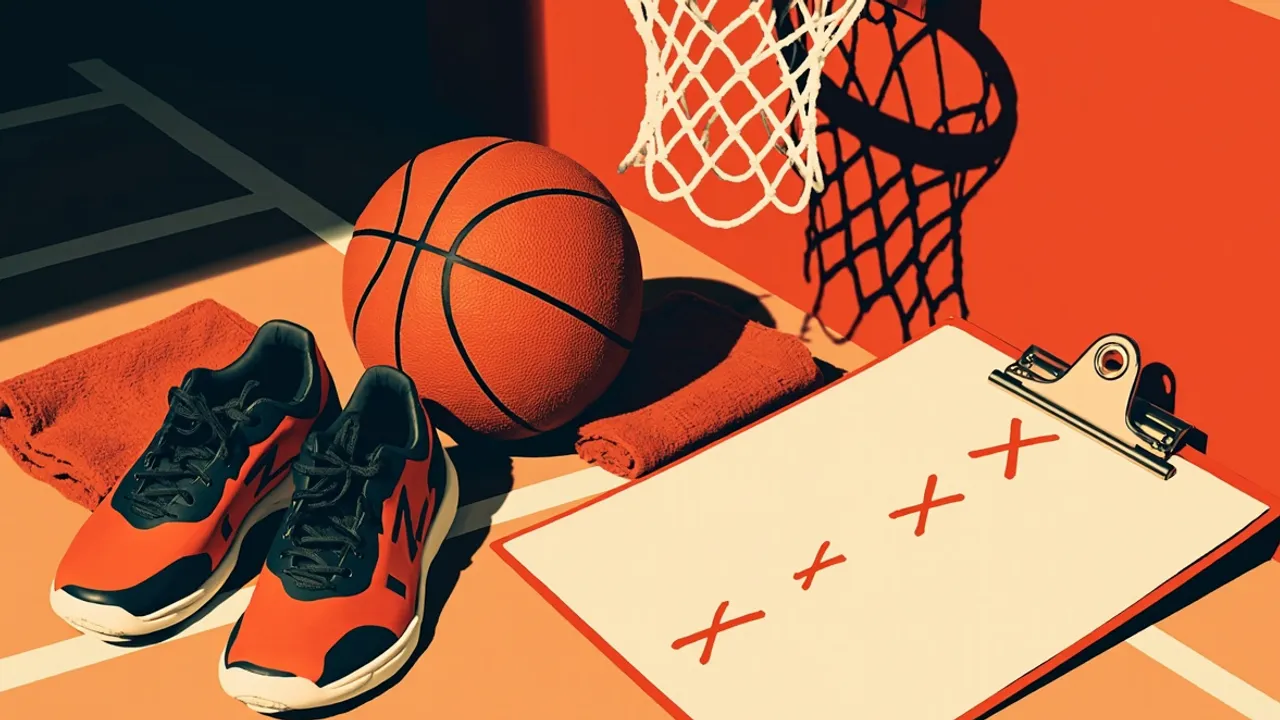 Une nature morte d'équipement de basketball sur un parquet illustre six équipes en lice pour deux places continentales.