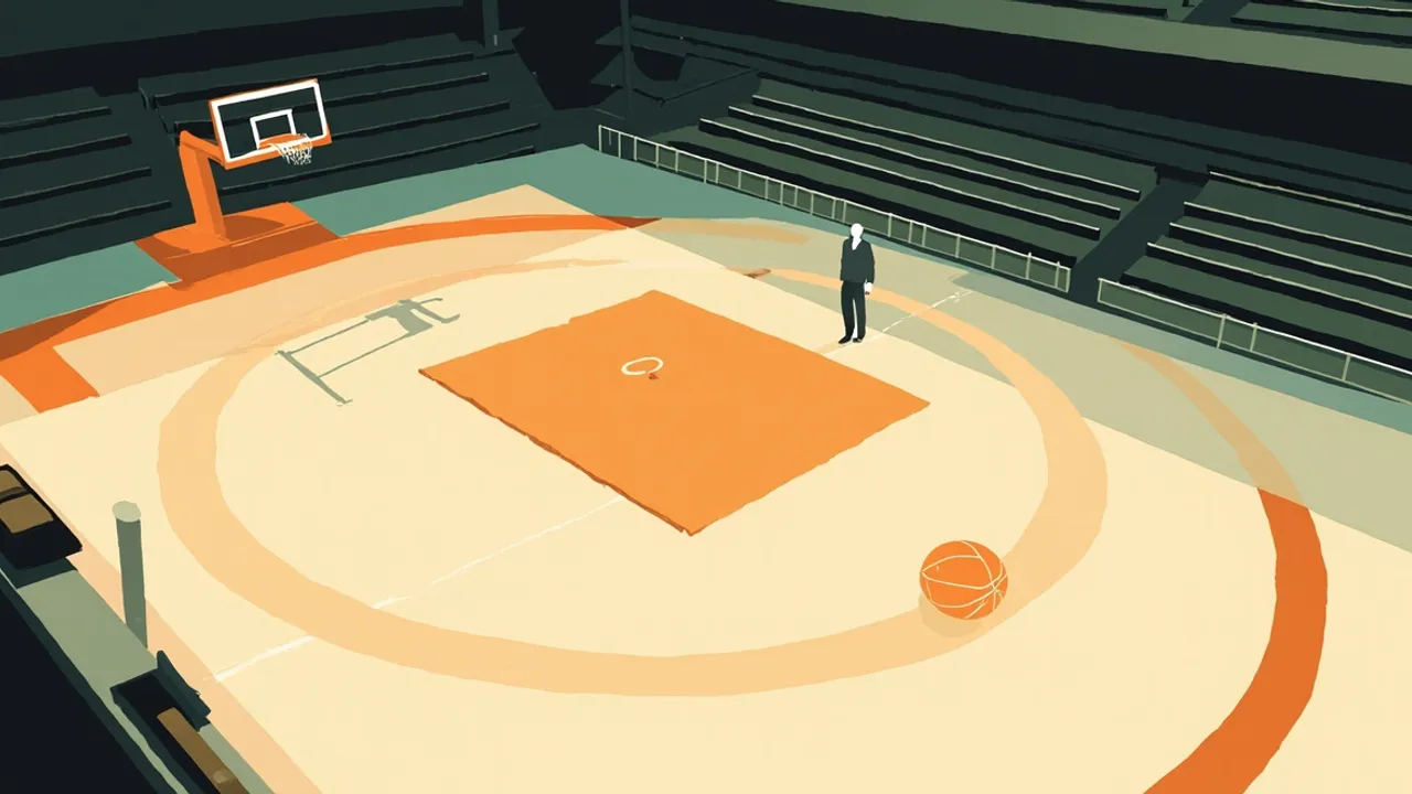 Vue du dessus d'un terrain de basket-ball vide avec un ballon posé sur la ligne de lancer franc et un marteau reposant sur la table de marque, évoquant une élection au sein d'une fédération.