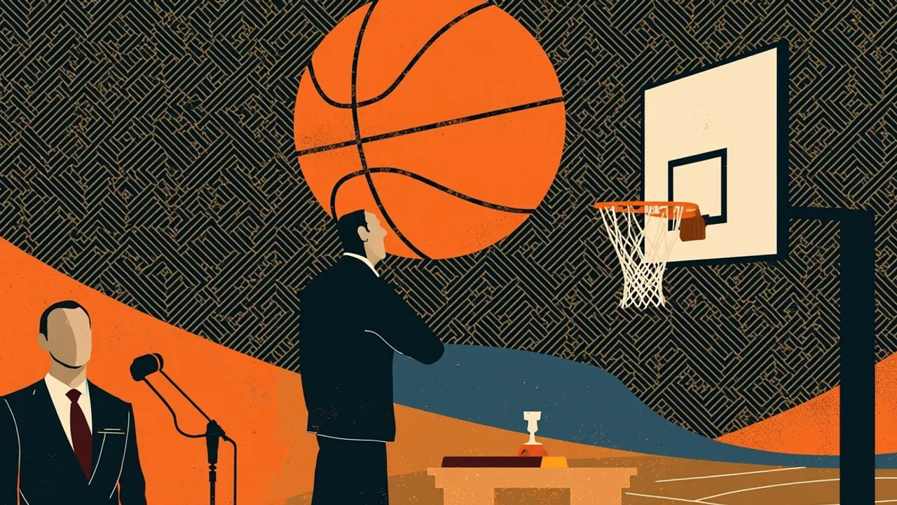 A faceless speaker at a podium beside a scorer's table with a gavel, a basketball hoop and ball behind, on a patterned background.