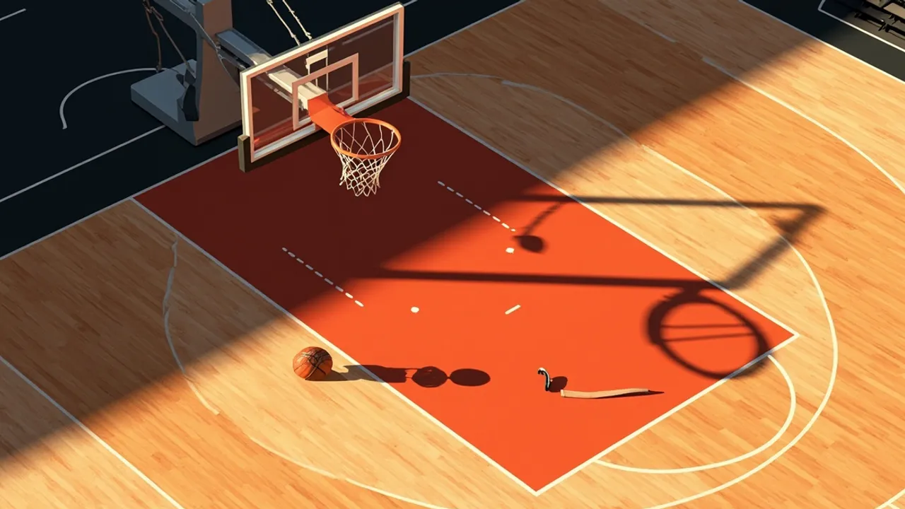 One overhead still life of empty basketball court with wooden gavel wey dey rest on scorer table near hoop and net, wey dey symbolise federation election wahala.