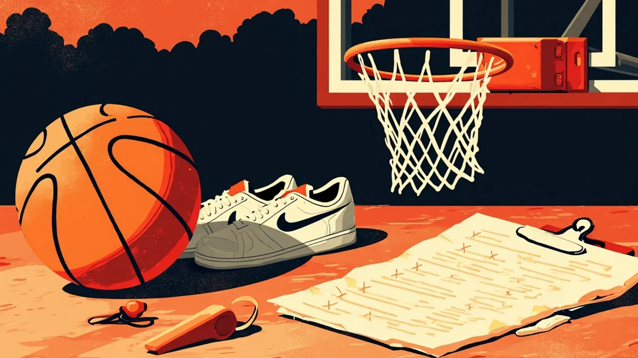 A basketball, whistle, towel, tactics clipboard, and hanging net symbolize a new professional basketball structure.