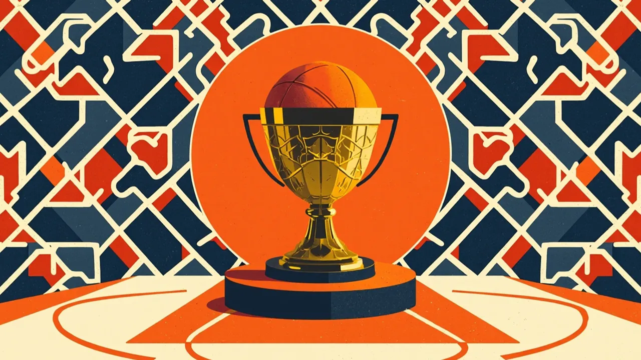 A gold geometric trophy rises from a basketball-court podium against a patterned backdrop.