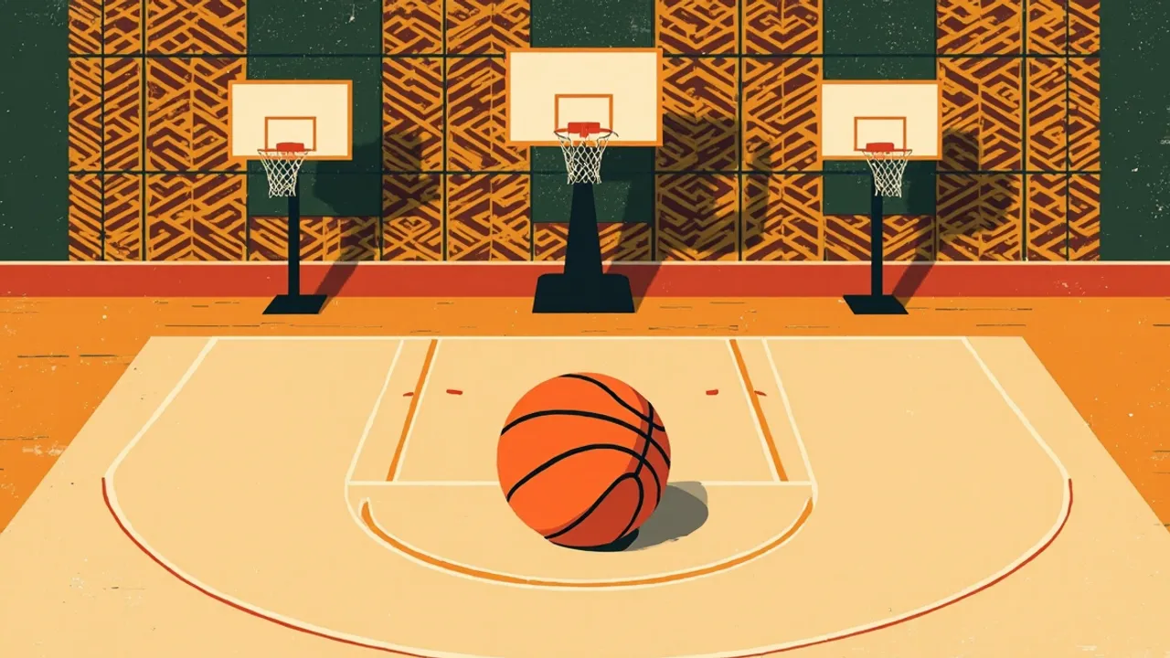 A freshly painted basketball court with a single ball on the free-throw line, three hoops, and a patterned background representing six newly inaugurated courts.
