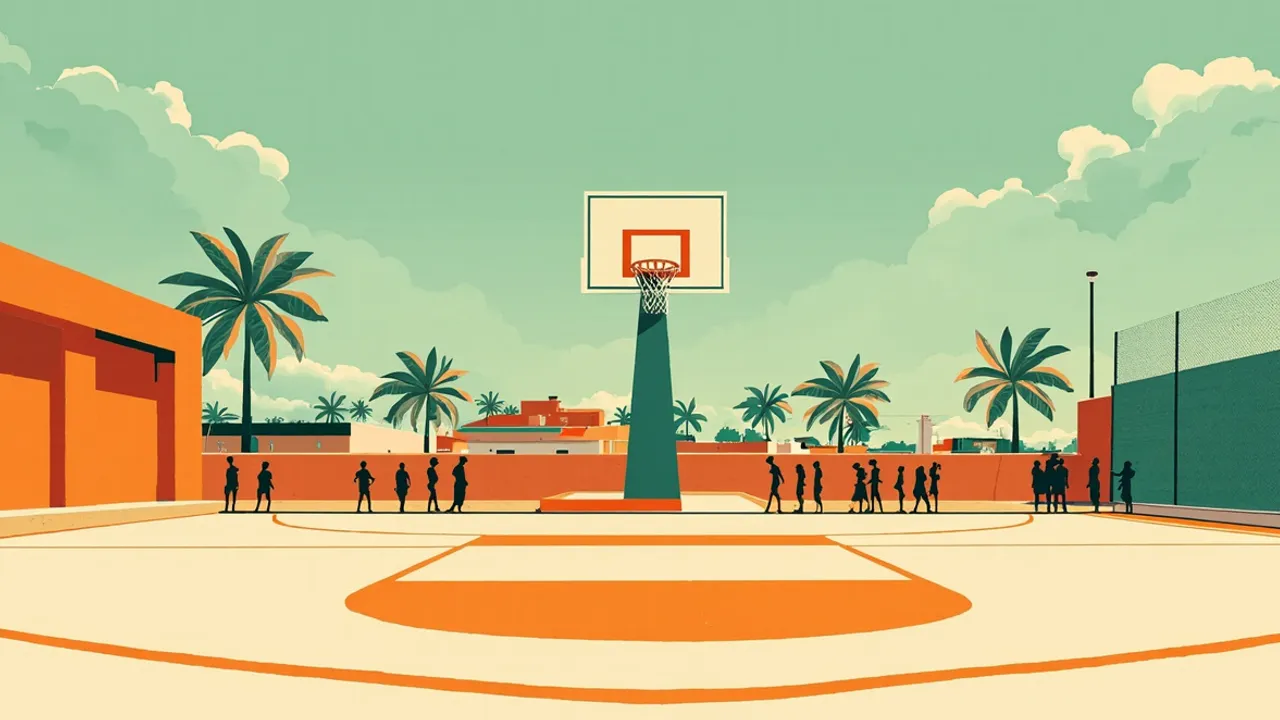 Un terrain de basketball extérieur fraîchement peint, vu de dessous depuis le cercle orange, avec des silhouettes sans visage près de la ligne de touche et des palmiers au-delà de la clôture.