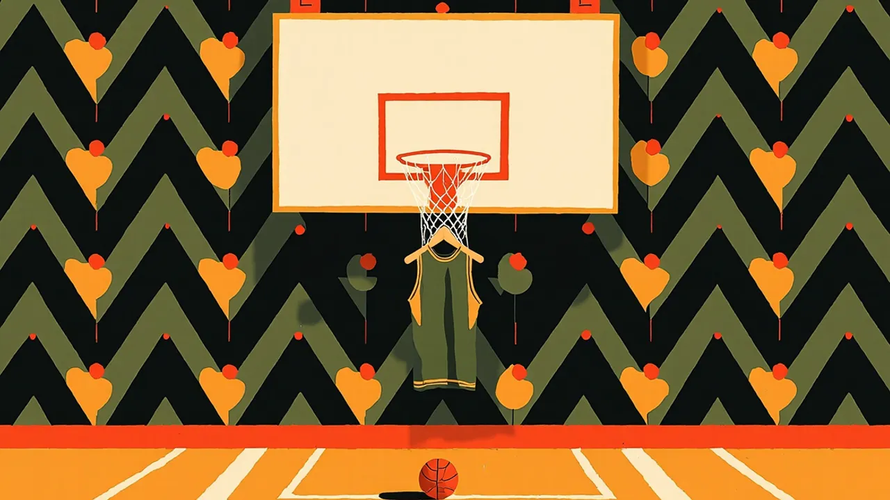 One bold basketball hoop wit one green and yellow jersey wey dey hang plus one ball for wooden court, set against geometric African textile pattern.