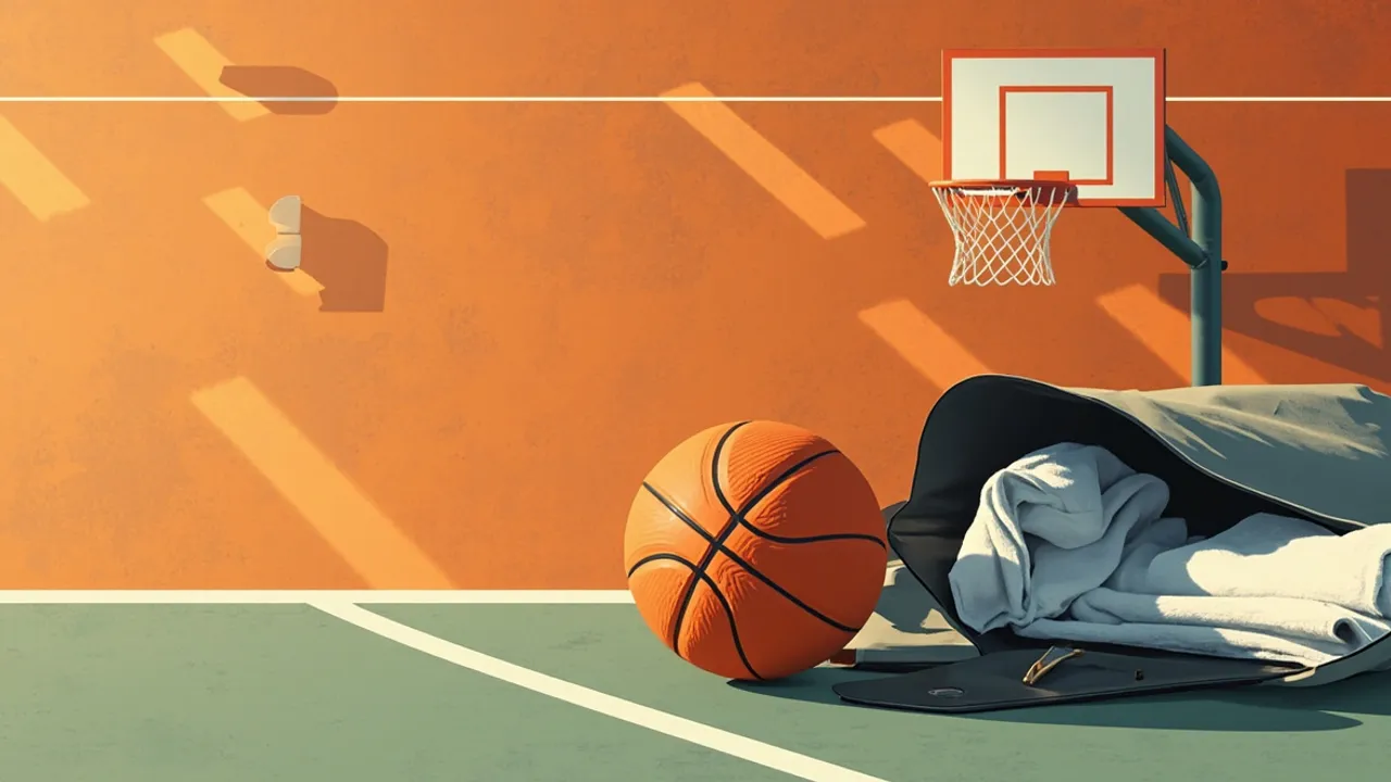 A still life of a freshly refurbished outdoor basketball court, showing a new hoop, a ball on hardwood, floodlights above, and an open kit bag with towel and whistle on the sideline.