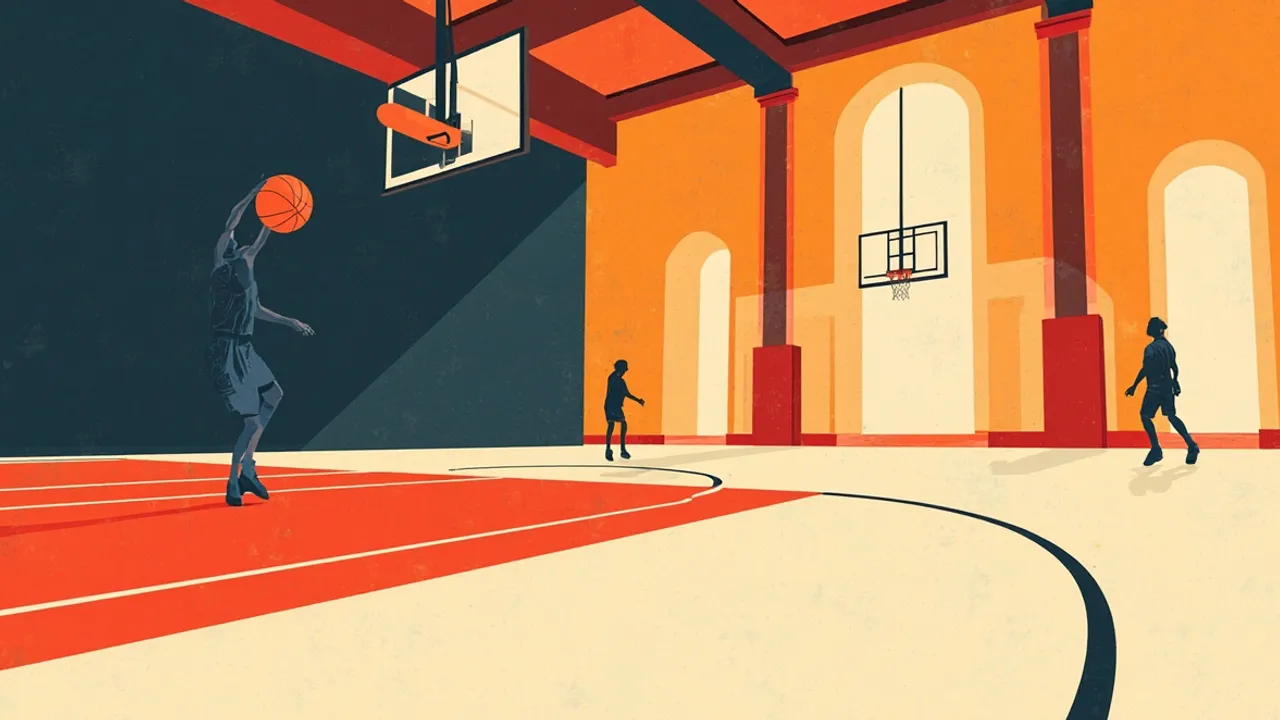 Un terrain de basket intérieur fraîchement rénové vu depuis dessous le panier, avec un joueur sans visage tirant un ballon orange vers l'arceau.