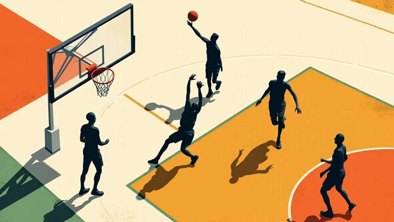 Two faceless silhouettes leap for a tip-in beneath a new hoop on a freshly refurbished outdoor court, with teammates and a packed crowd around them.