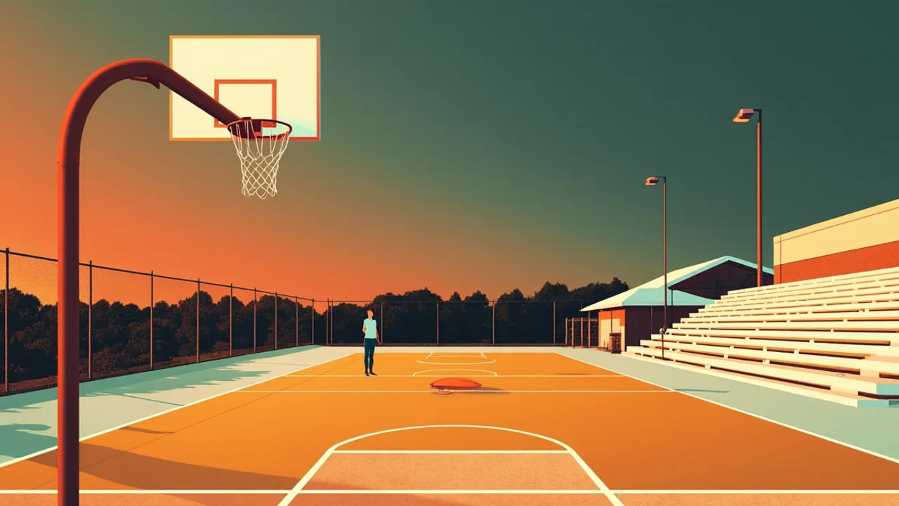 Vue depuis le dessous d’un panier de basket extérieur fraîchement peint, regardant le long d’un terrain communautaire rénové et propre avec la silhouette d’un joueur et un ballon posé au premier plan.