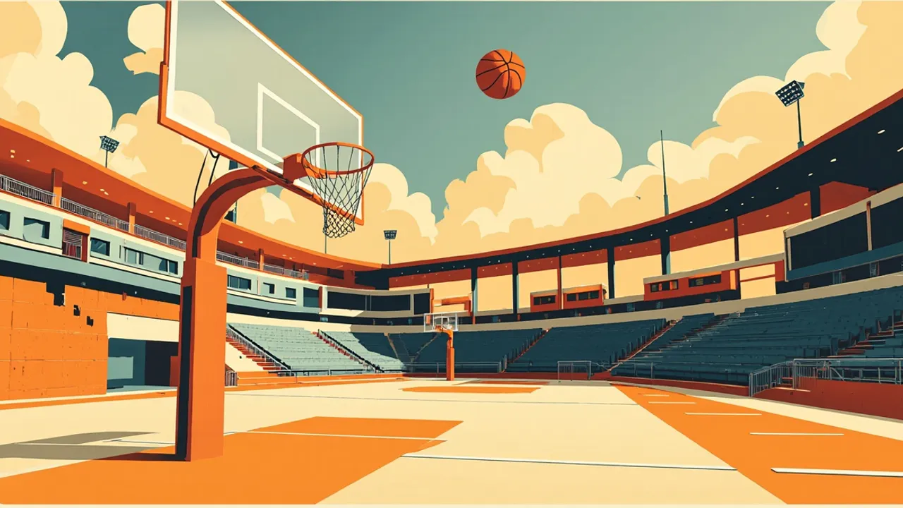 Un terrain de basket extérieur nouvellement rénové avec un grand panier au premier plan, des lignes peintes, des sièges bleus en bordure et des projecteurs au crépuscule.